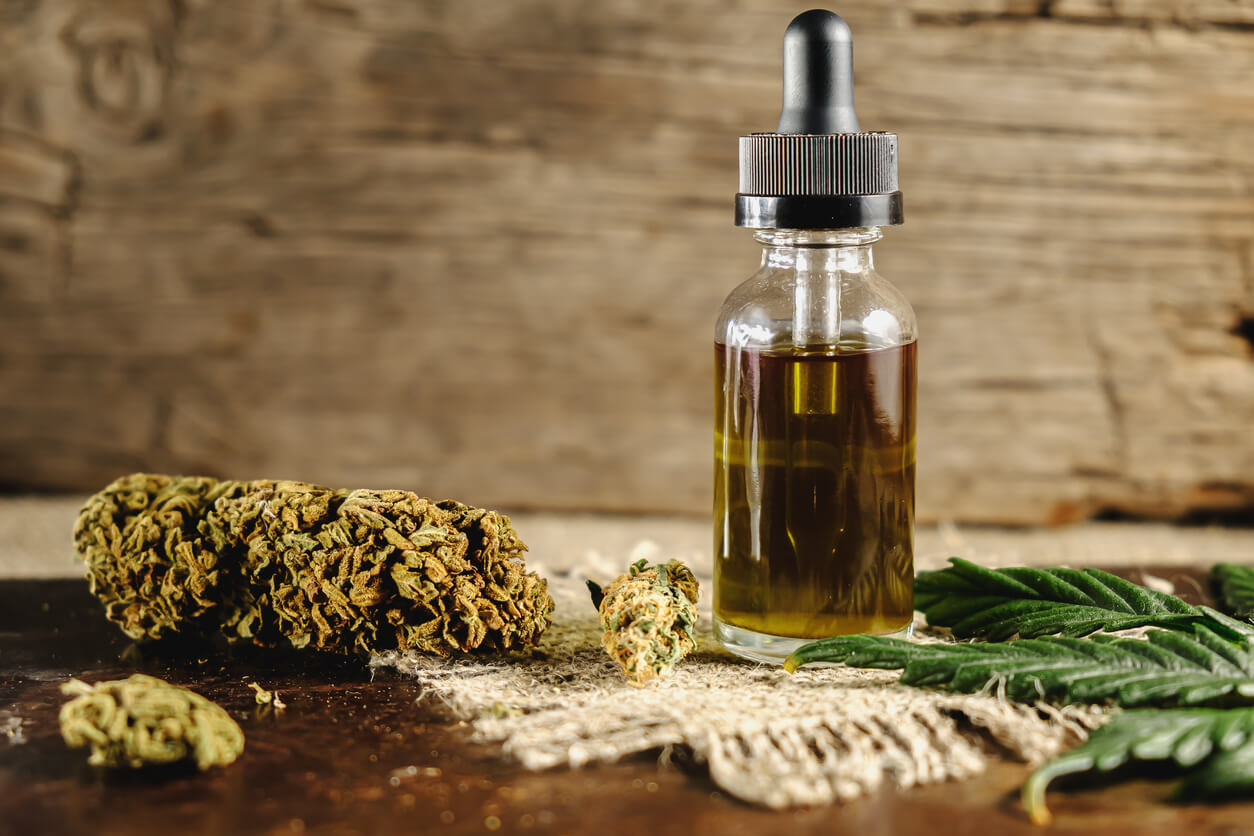 cannabis and cbd oil on a table